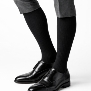 Hombre usando calcetín ejecutivo Ingesa negro opaco con zapatos de vestir negros y pantalón gris