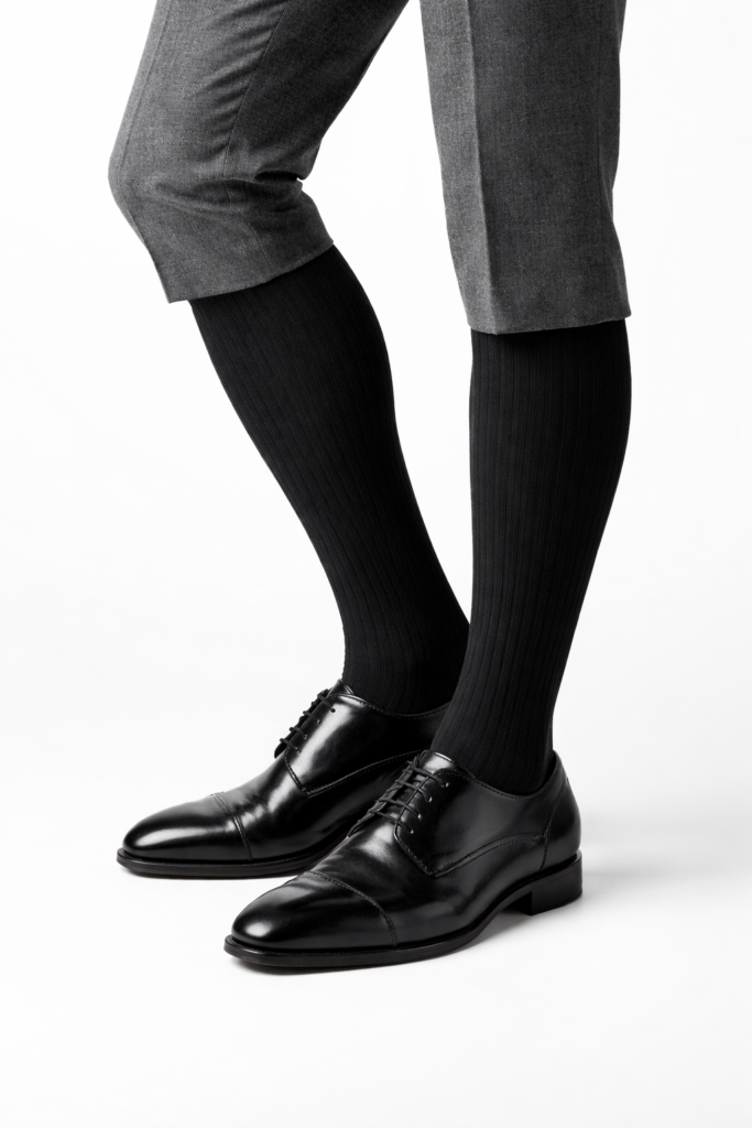 Hombre usando calcetín ejecutivo Ingesa negro opaco con zapatos de vestir negros y pantalón gris