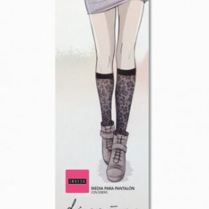 Media para pantalon negra con diseño animal print leopardo INGESA, media hasta la rodilla 80 denier