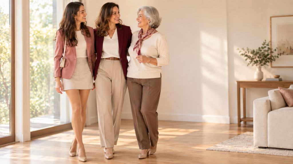 Tres generaciones de mujeres chilenas caminando juntas, representando los 60 años de INGESA vistiendo a mujeres