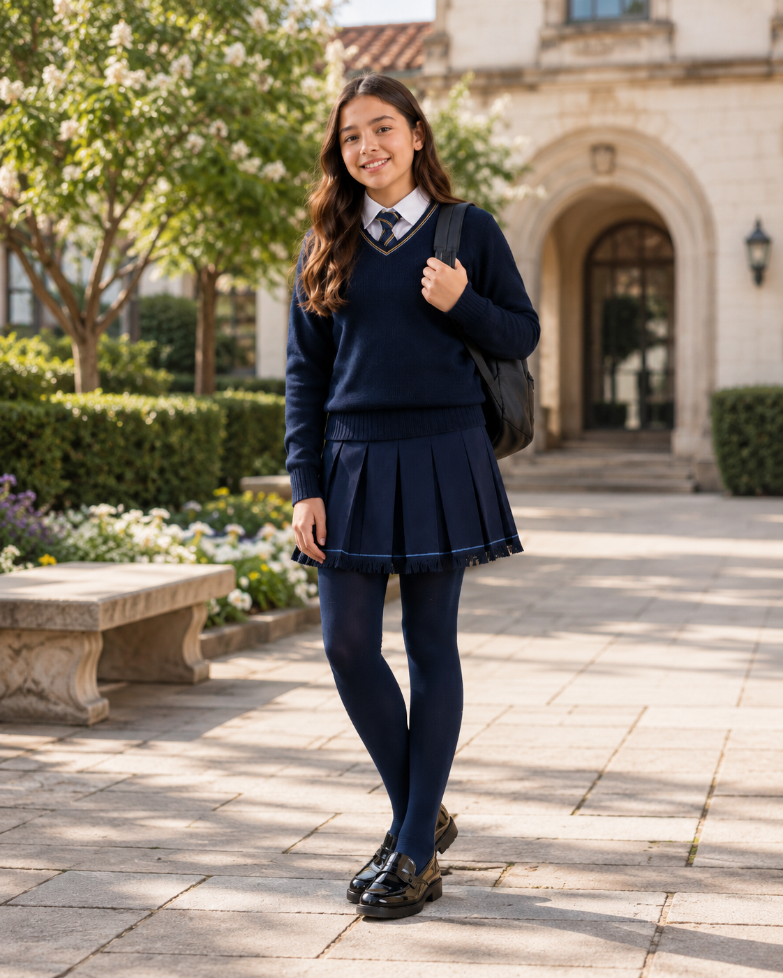 Niña con uniforme escolar y panty azul marino 80 denier opaca, de pie en el patio del colegio
